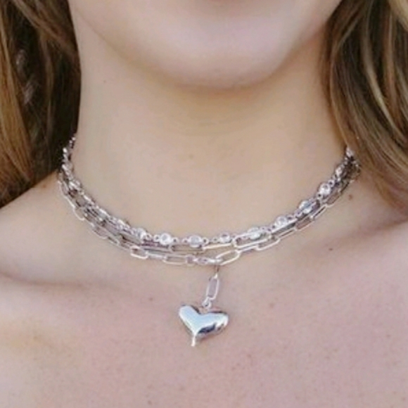 Gold Puff Heart Paperclip Choker Necklace Chain - Picture 3 of 10